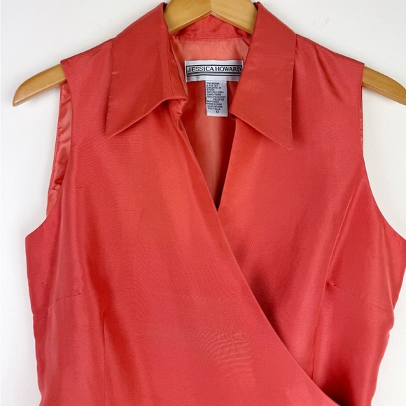 Jessica Howard Vintage Coral Silk Wrap Blouse - Picture 2 of 10